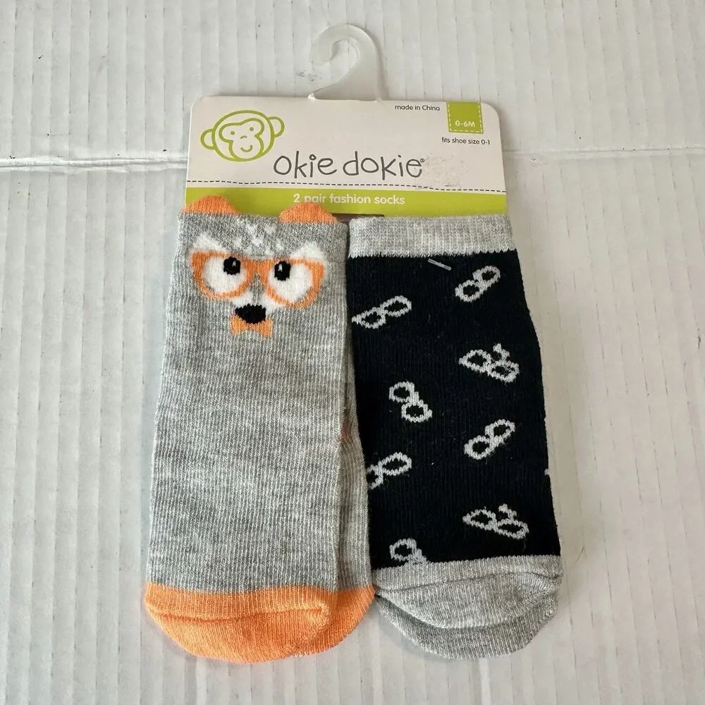 Okie Dokie Baby Socks 2-Pair Fox & Eyeglasses 0-6 Months Shoe Sz 0-1 Gray Orange